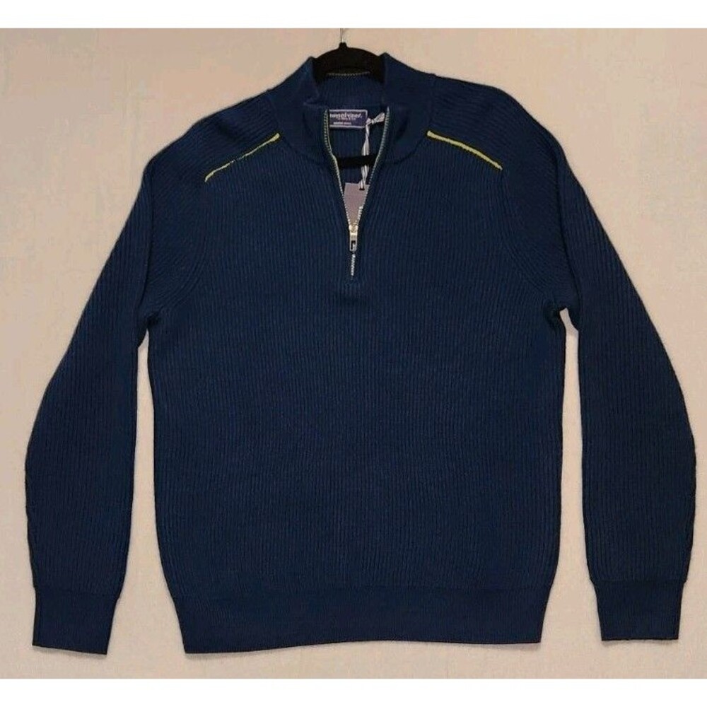 New Vineyard Vines Mens Med Merino Wool OTG Rib Ski Quarter Zip Sweater Teal Bay - Picture 1 of 12